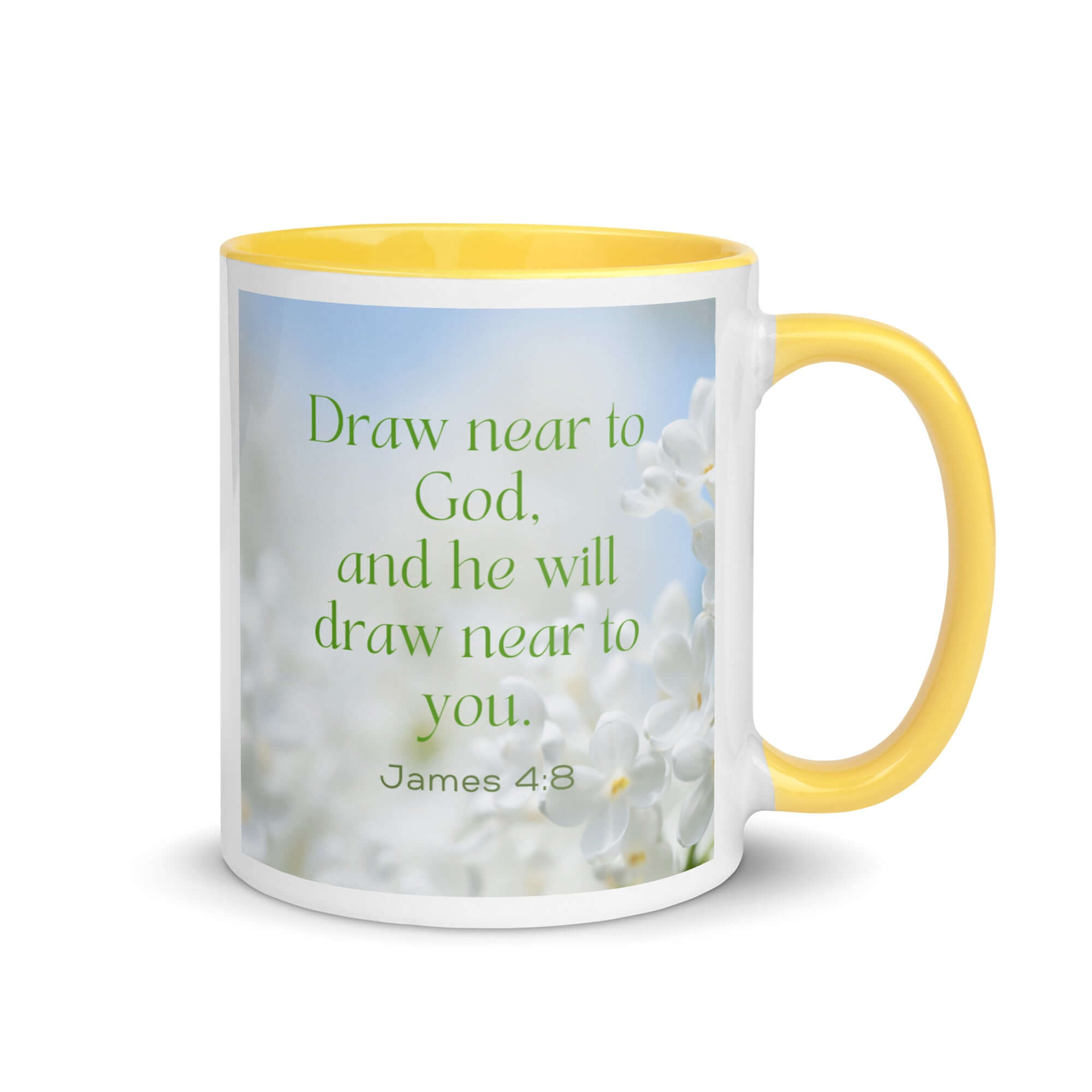 James 4:8 Bible Verse, Draw near White Ceramic Mug with Color Inside