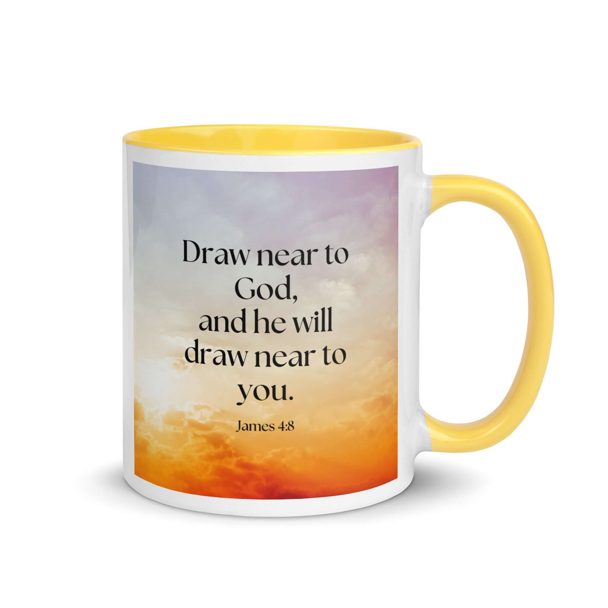 James 4:8 Bible Verse, he will draw White Ceramic Mug with Color Inside