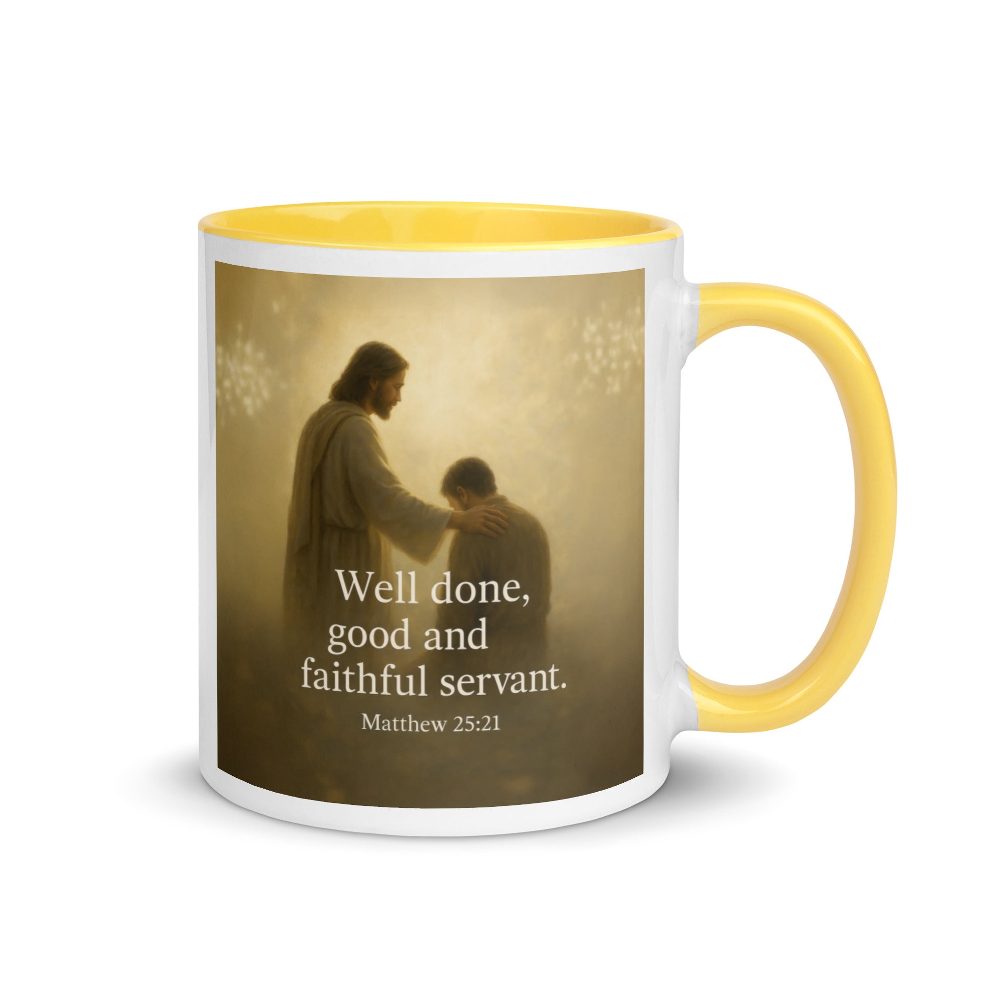 Matthew 25:21 Bible Verse Well Done White Ceramic Mug with Color Inside Yellow 11 oz