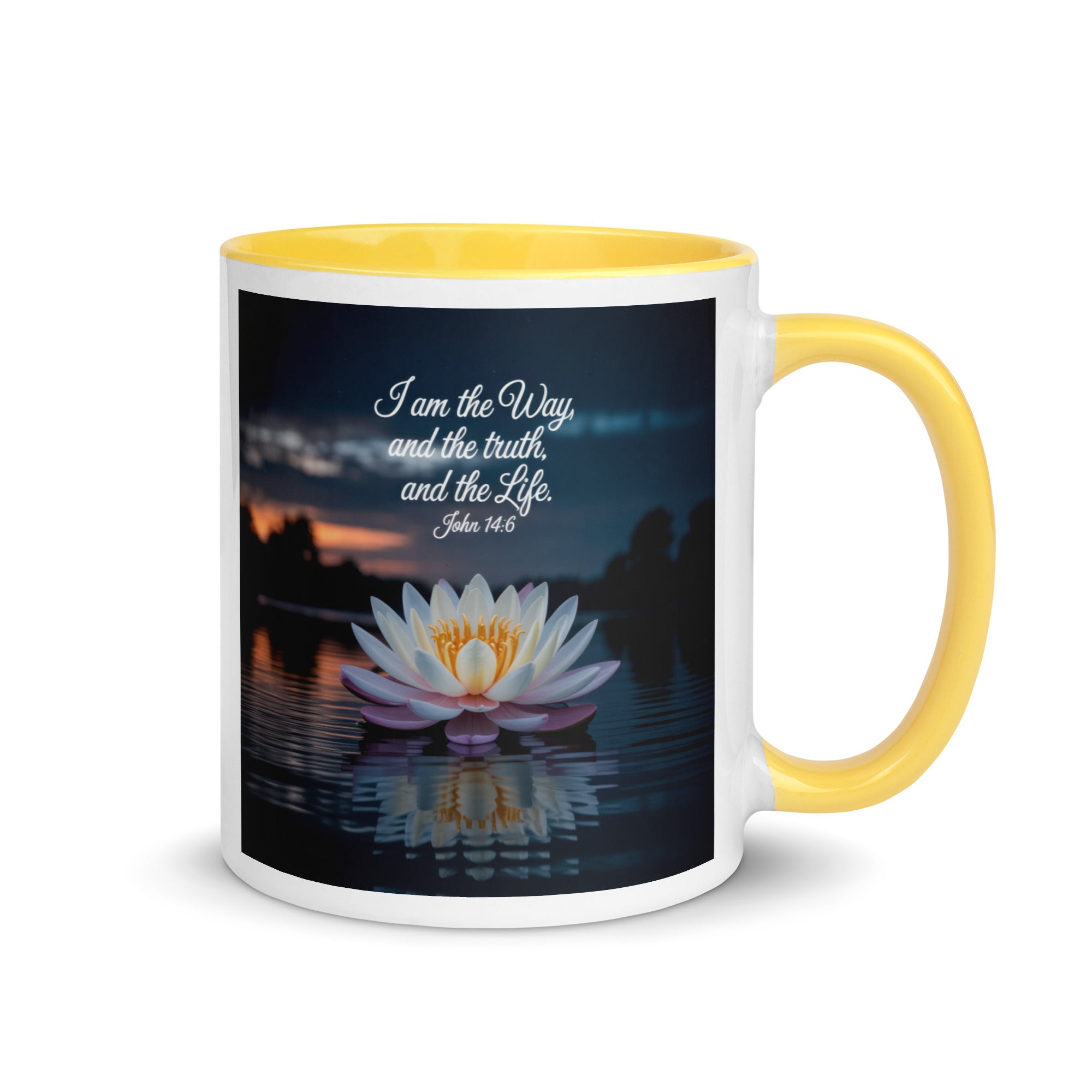 John 14:6 Bible Verse The Father White Ceramic Mug with Color Inside Yellow 11 oz