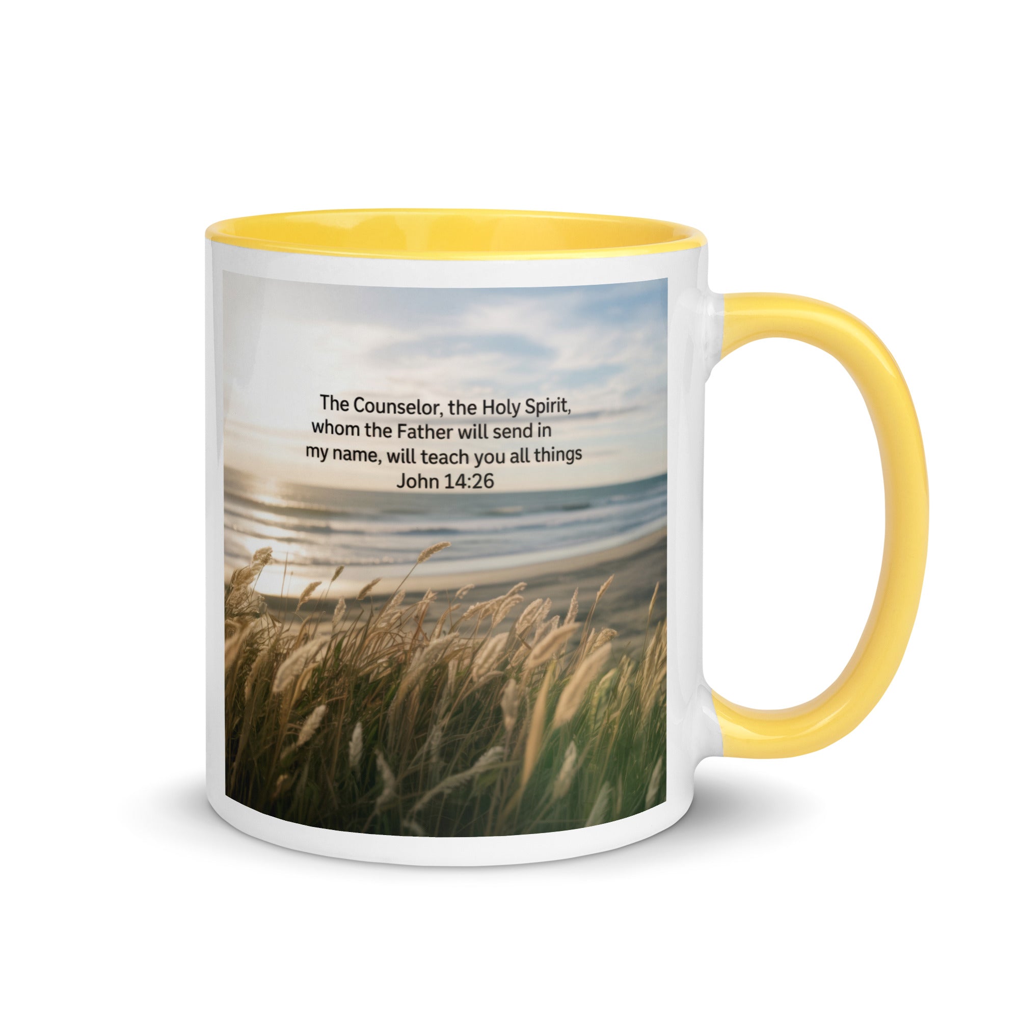 John 14:26 Bible Verse in my name White Ceramic Mug with Color Inside Yellow 11 oz