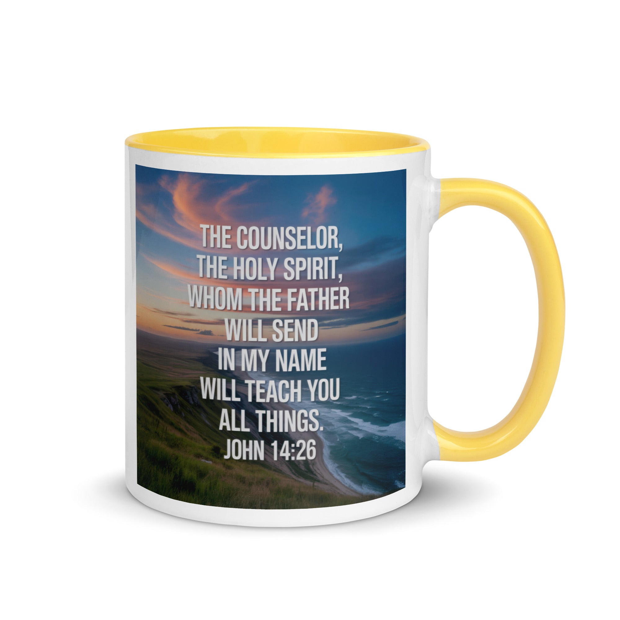 John 14:26 Bible Verse will teach White Ceramic Mug with Color Inside Yellow 11 oz