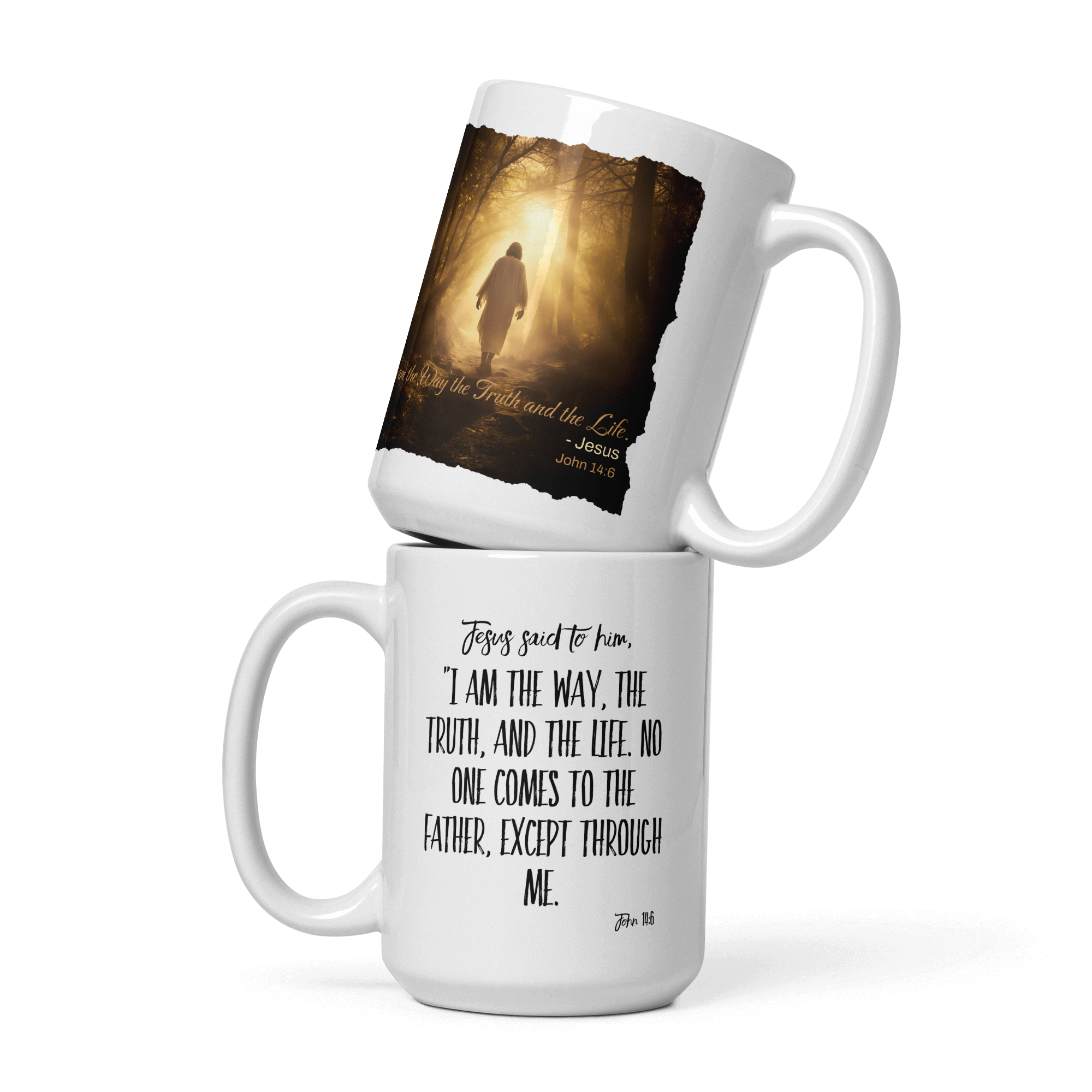John 14:6 Bible Verse, Color Text Forest Image White Glossy Mug