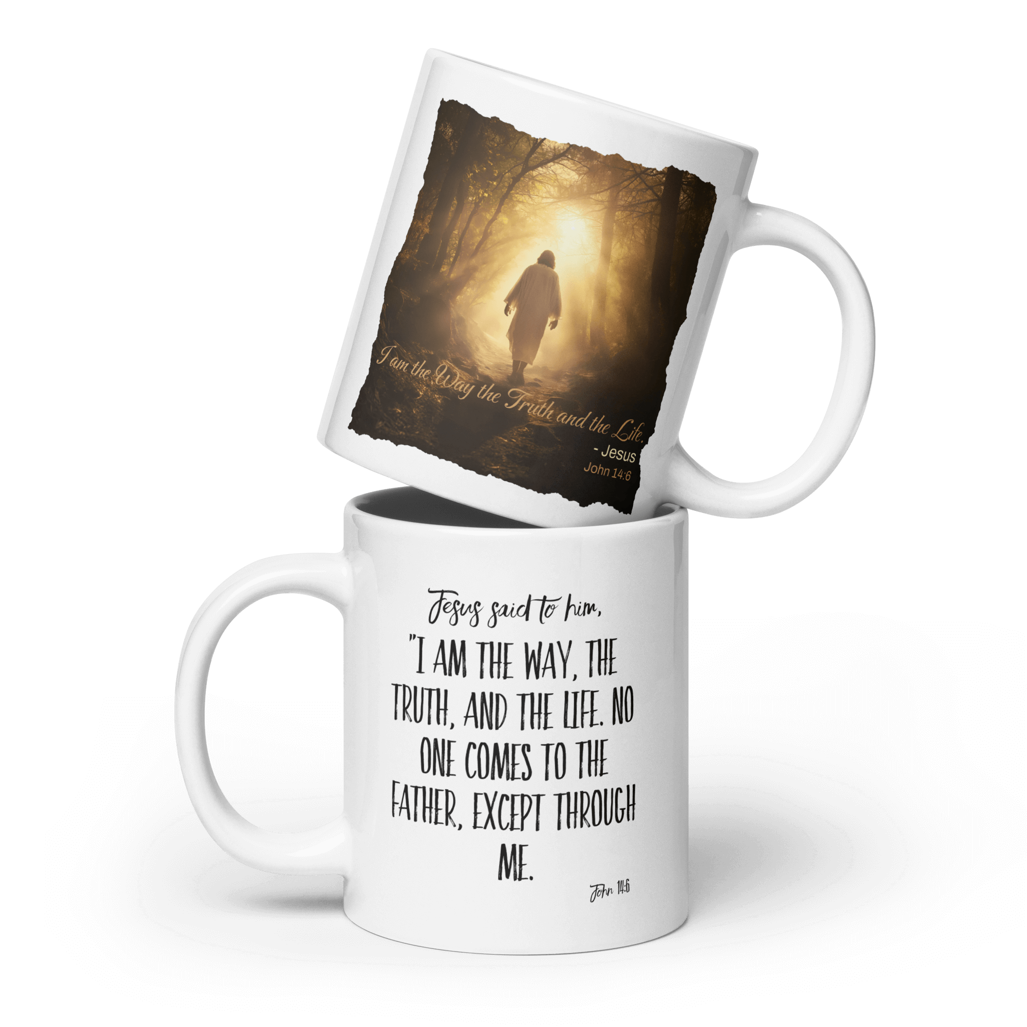 John 14:6 Bible Verse, Color Text Forest Image White Glossy Mug