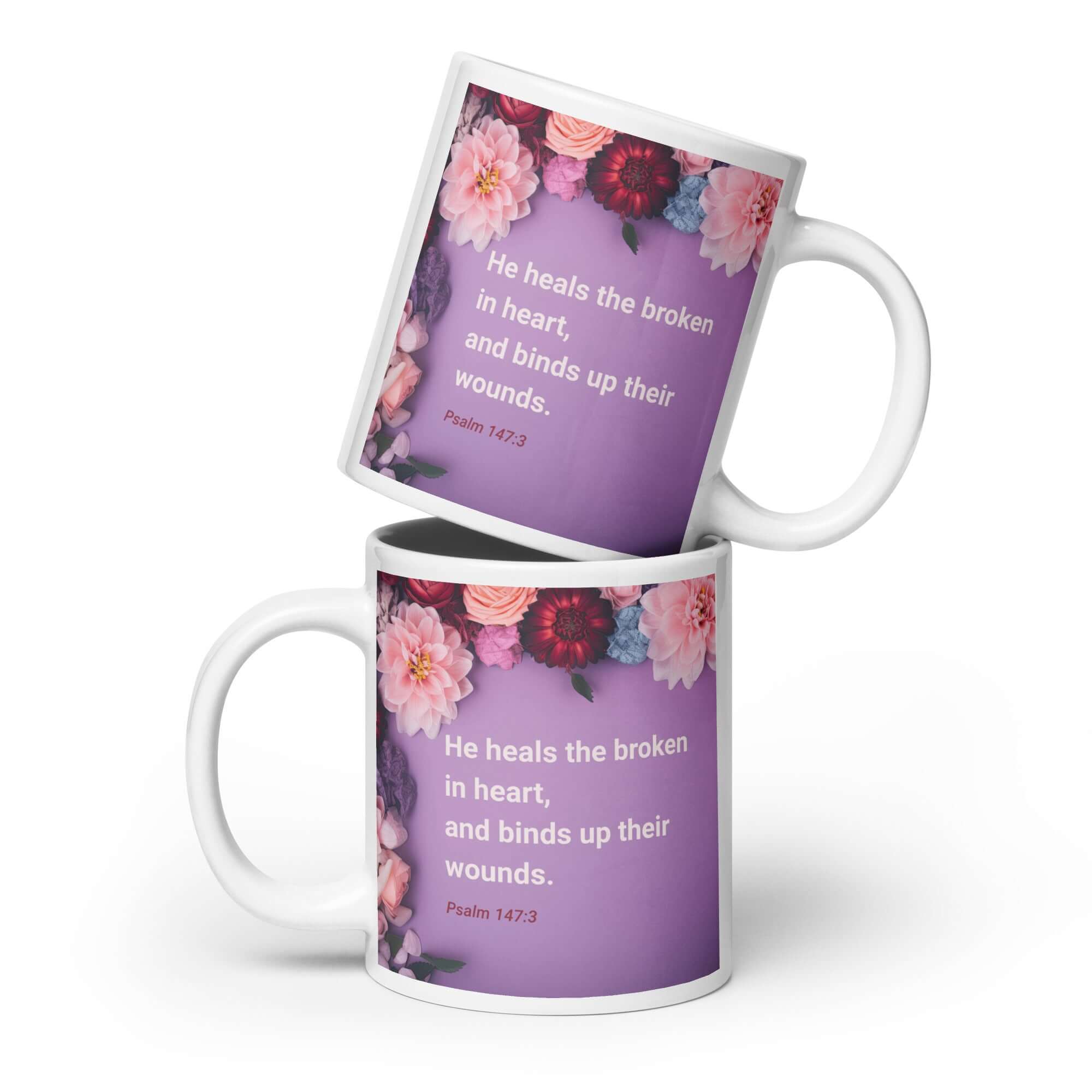 Psalm 147:3 - Bible Verse, He heals the broken White Glossy Mug