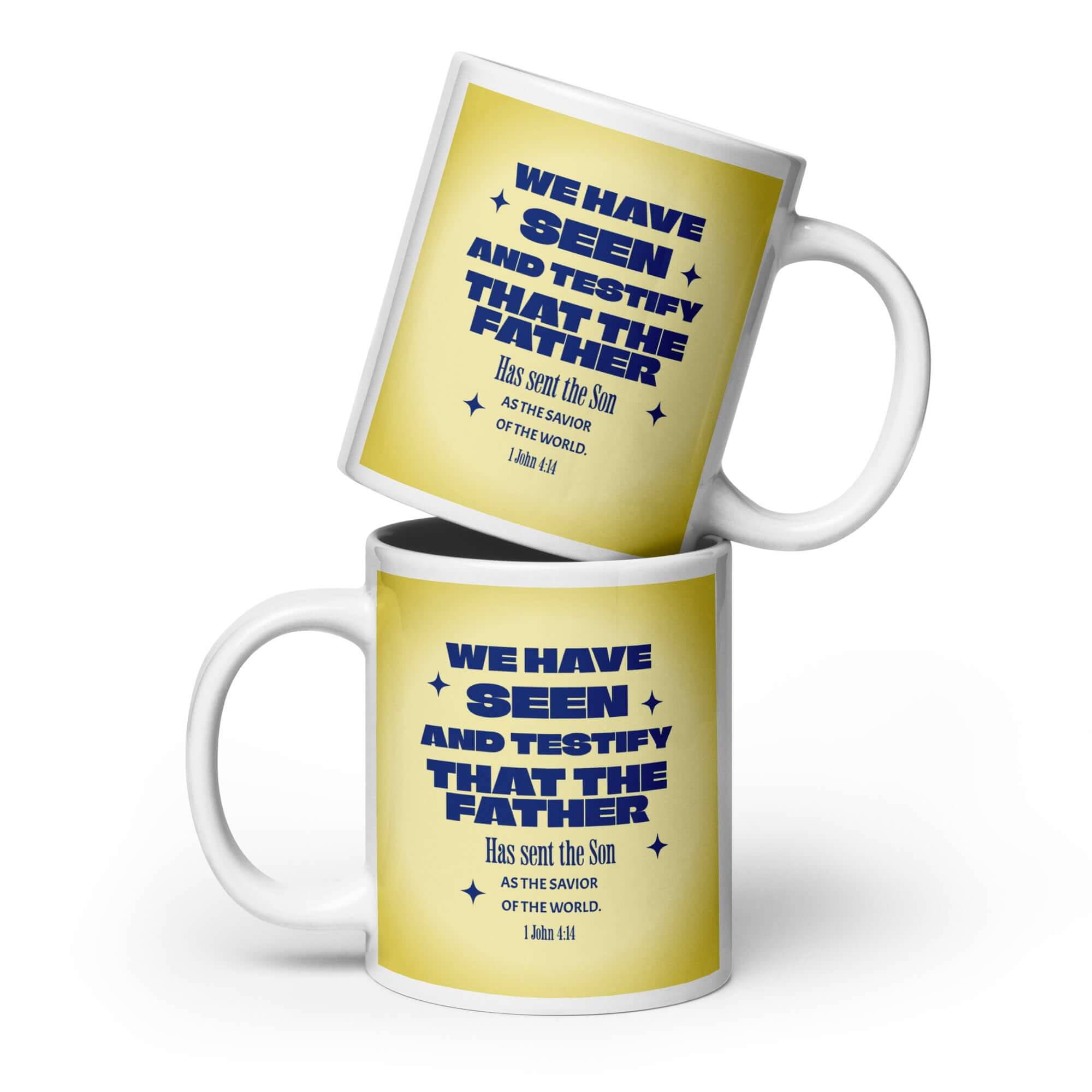 1 John 4:14 - Bible Verse, Savior of the world White Glossy Mug