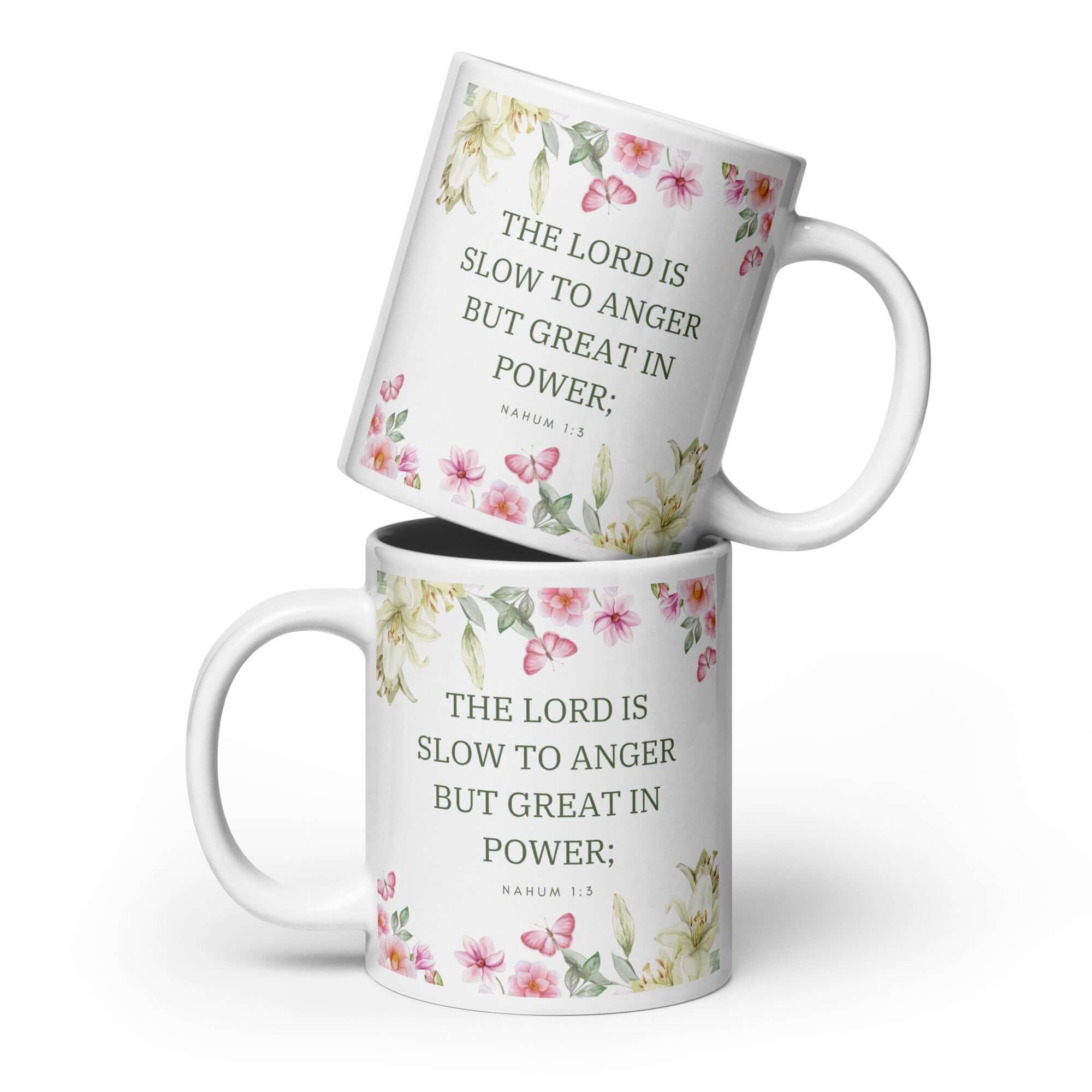 Nahum 1:3 Bible Verse, slow to anger White Glossy Mug